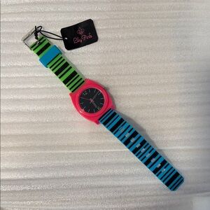 Kids Neon Pink Watch with Blue and Green Striped Band